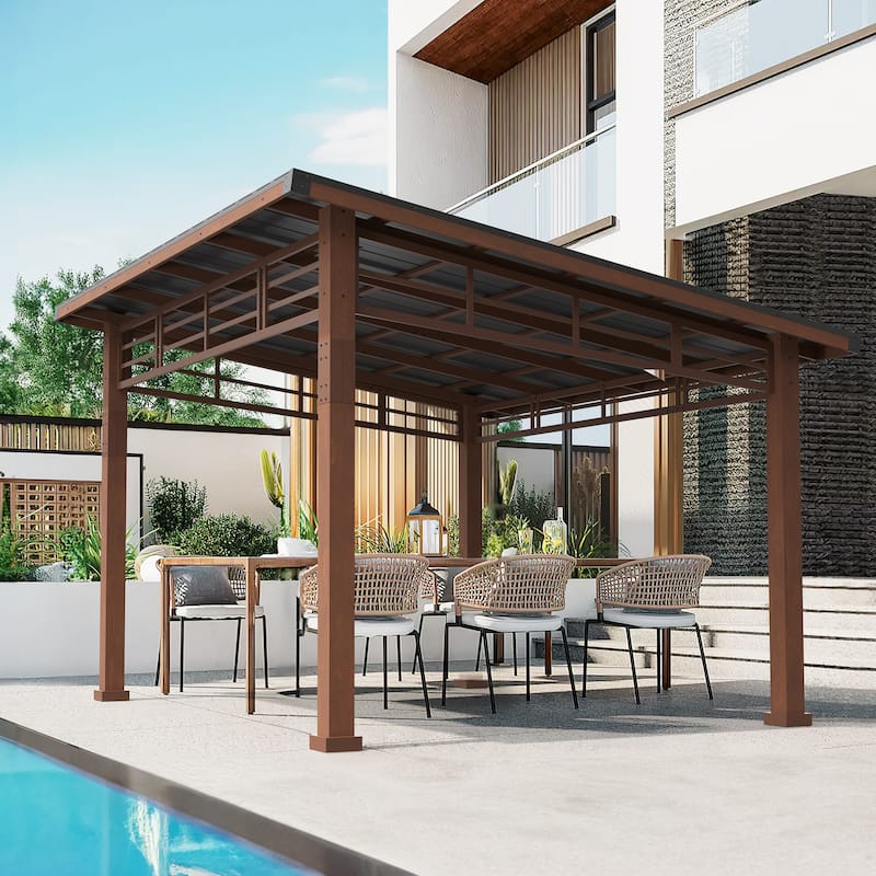 Patio Wooden 10x12 Hardtop Pergola Metal Roof Gazebo with Curtain For Garden