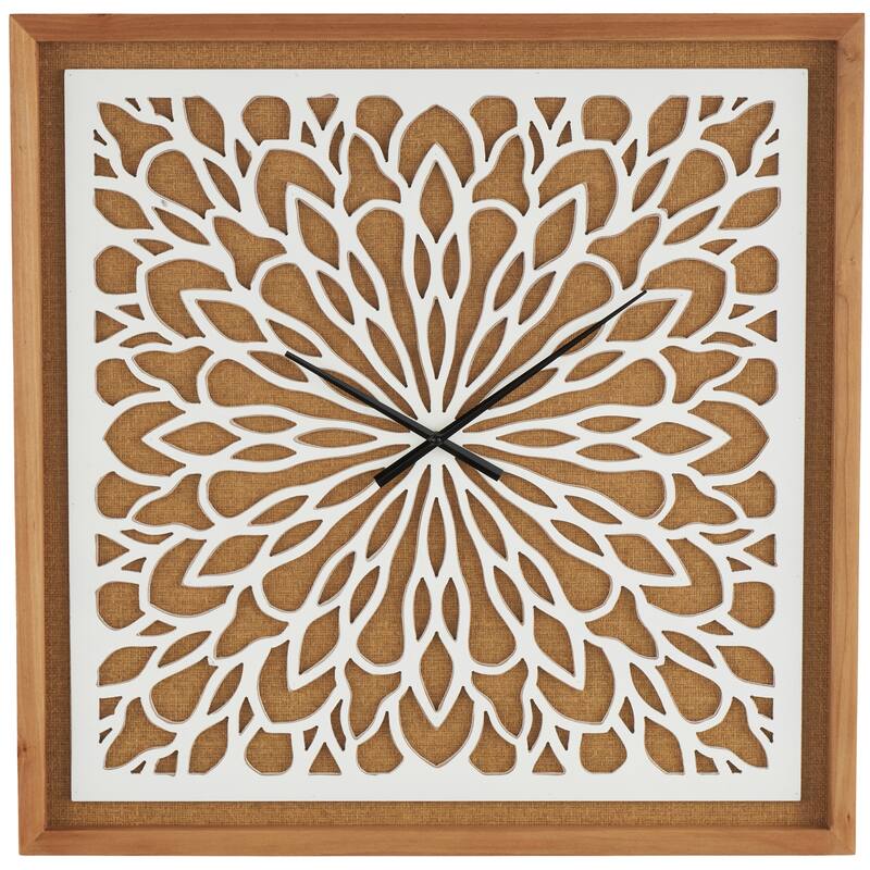 Brown Wood Floral Decorative Wall Clock with White Cutout Board - 2"W x 32"L x 32"H
