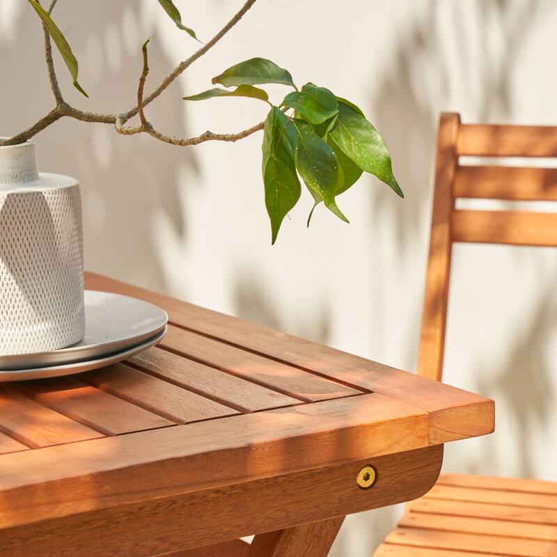 3 Piece Patio Folding Bistro Set Outdoor Eucalyptus Chair and Table Set for 2 People