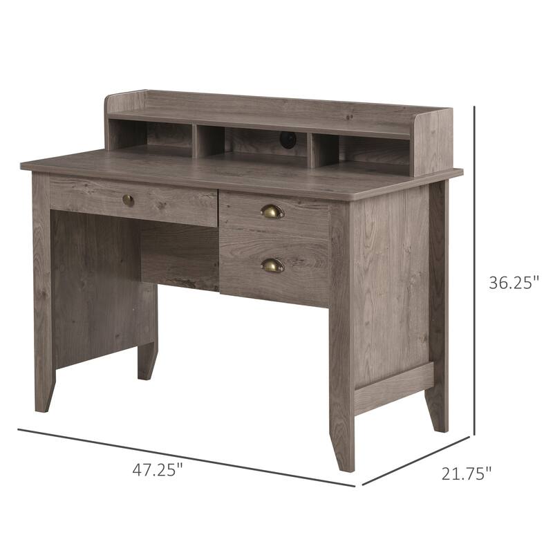 HOMCOM Computer Table Writing Desk with Hutch 3 Drawers, Open Cabinets, Top Shelf, Wide Tabletop, Cable Management, Grey
