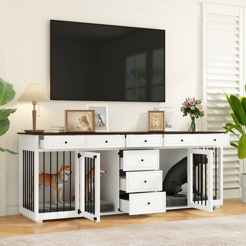 Large Dog Crate Furniture Wooden Dog Crate TV Stand Entertainmnet - 89"W