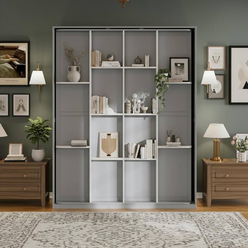 360° Rotating Queen Murphy Bed Cabinet with 14-Shelf Hidden Bookcase by Harper&Bright Designs