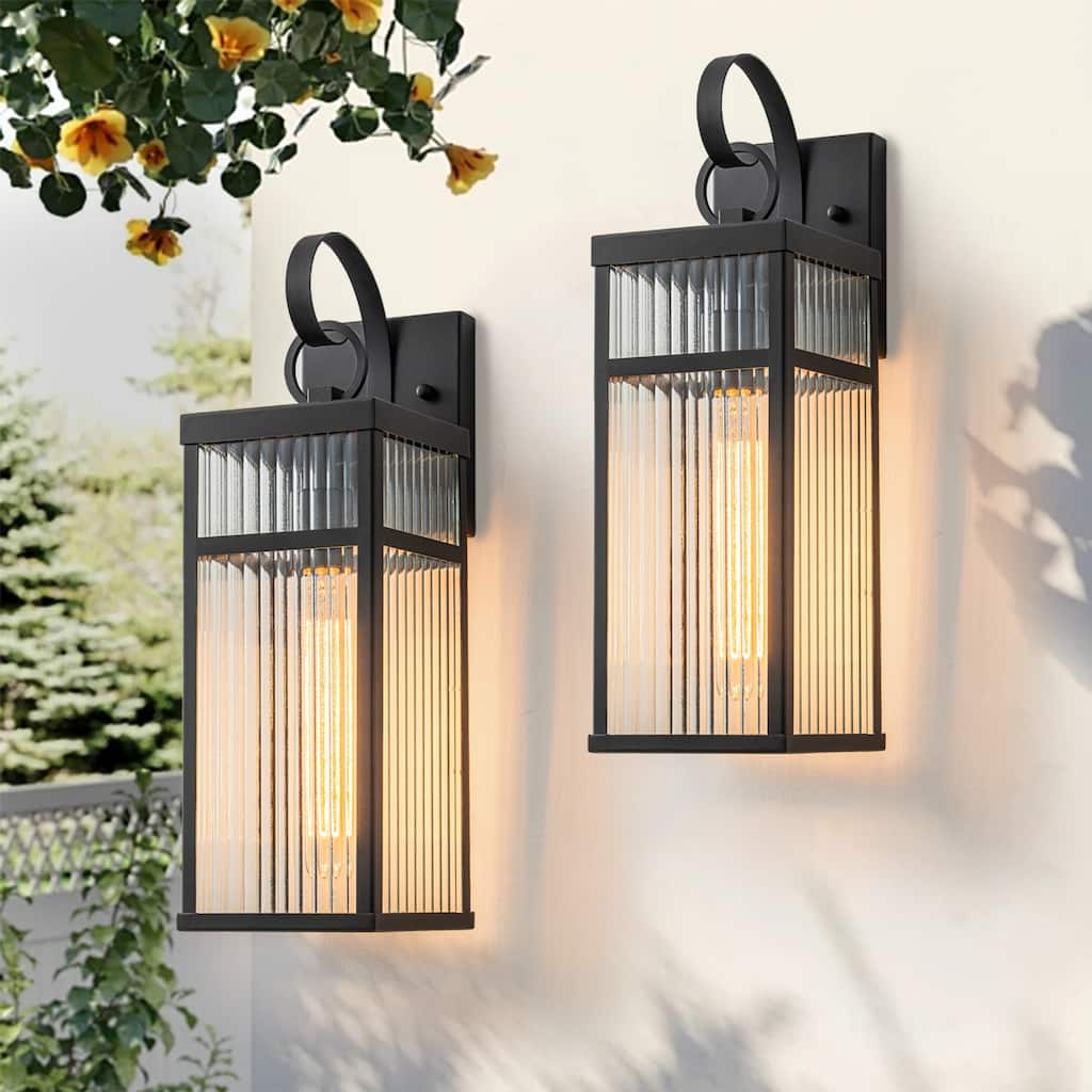 Black Outdoor Wall Lantern with Striped Glass
