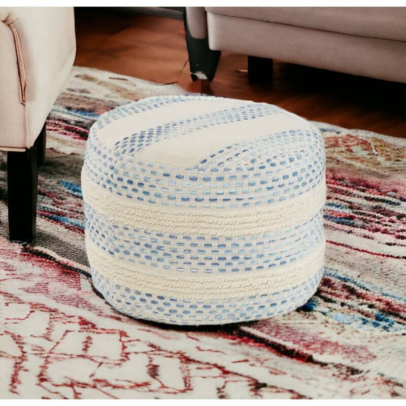 18" Soft Upholstered Striped Pouf Ottoman Blue Cotton Blend Accent for Living Room Decor