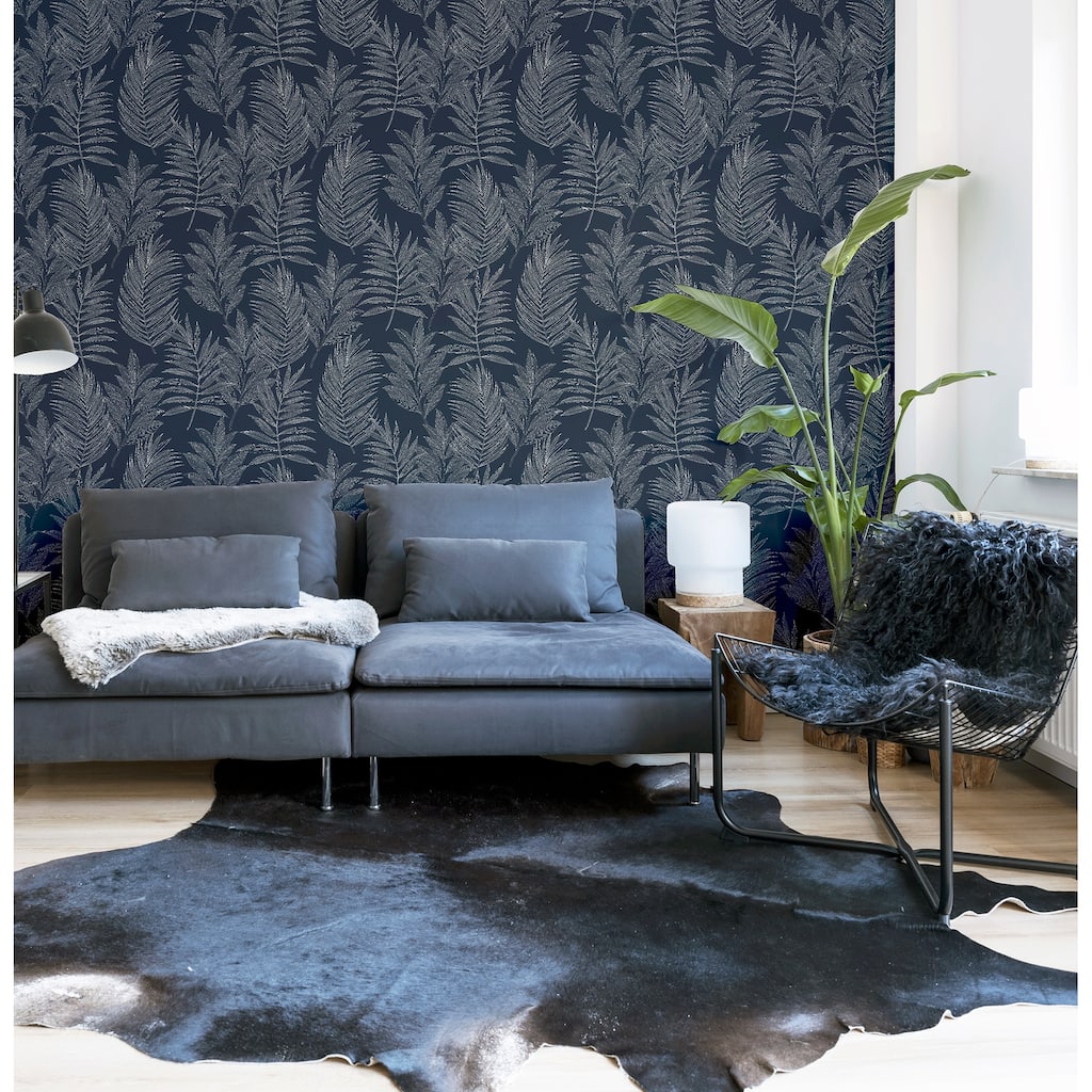 Linear Leaves Navy Wallpaper - 20.8 in. W x 33ft L - Double Roll