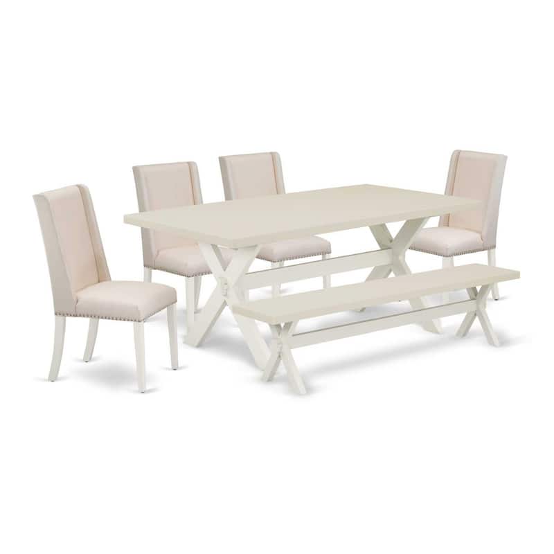 Modern 6-Piece Dining Set - Kitchen Table with Chairs & Bench - Linen Fabric Seats