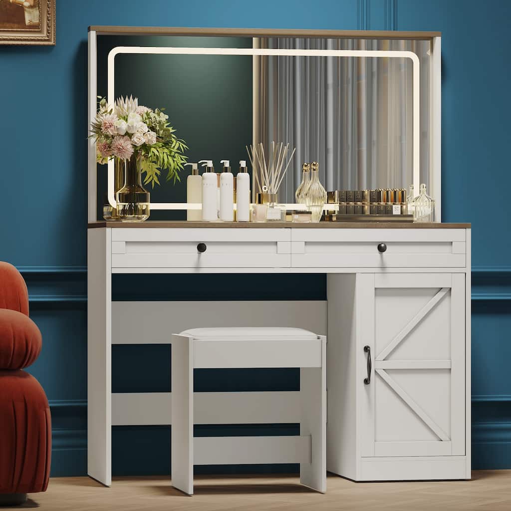 Roomfitters Farmhouse Vanity Desk with Hollywood Makeup Mirror and Lights, Vanity Table with Barn Door with 2 Drawers