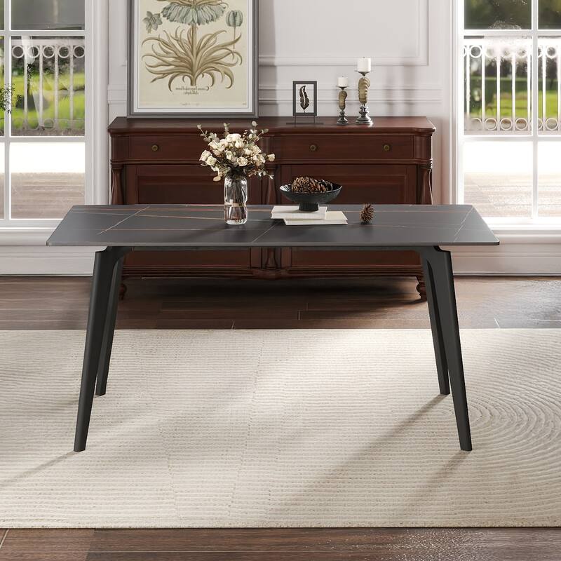 62.99" Modern Artificial Stone Black Curved Edge Black Metal Leg Dining Table-Can Accommodate 6 People(Dining Table Only)