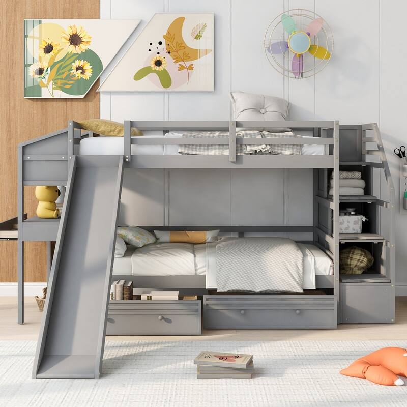 Twin over Twin Bunk Bed with Storage Staircase, Slide and Drawers, Desk with Drawers and Shelves - Gray