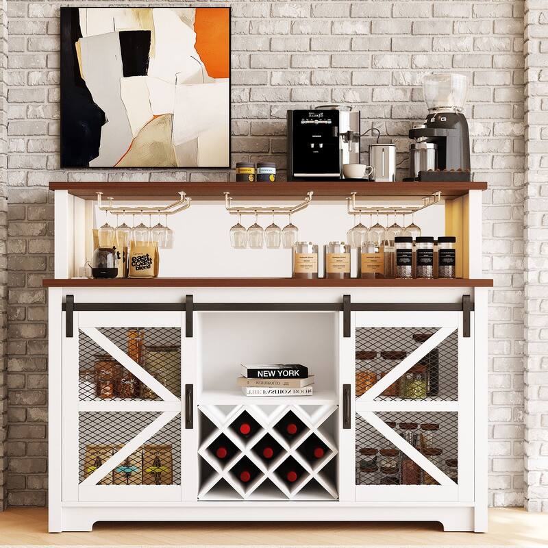 Gymojoy 16-Color LED Bar Cabinet with Wine Rack, White Kitchen Hutch for Coffee Bar & Dining Room, Farmhouse Storage Cabinet - White