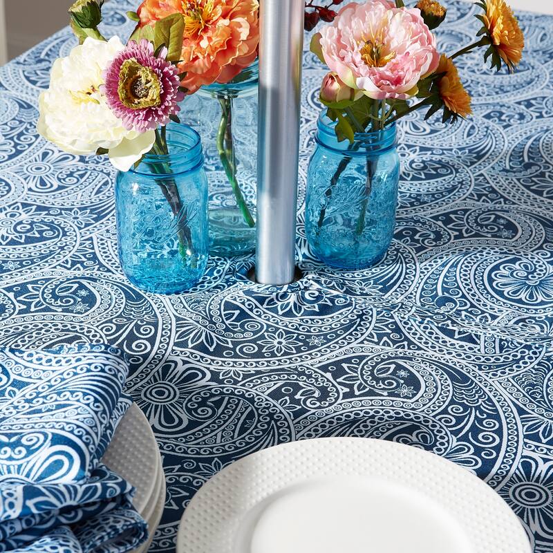 Paisley Zippered Round Outdoor Tablecloth - 60" - Blue and White