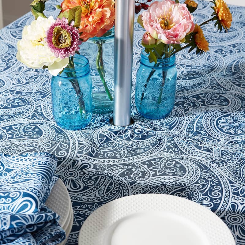 Paisley Zippered Rectangular Outdoor Tablecloth - 84" - Blue and White