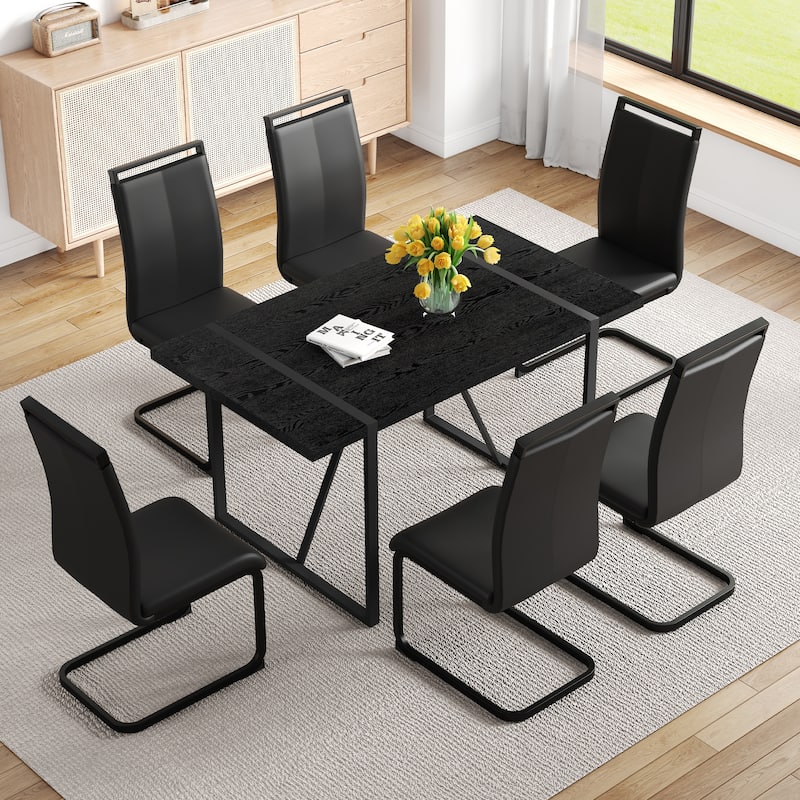 5/7-Piece Dining Table Set with PU Chairs, Modern Rectangular Dining Room Table Set for 4-6 People - Black - 7-Piece