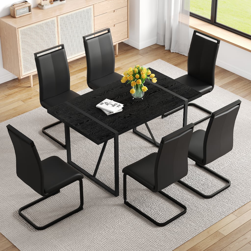 5/7-Piece Dining Table Set with PU Chairs, Modern Rectangular Dining Room Table Set for 4-6 People
