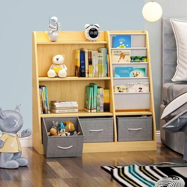 slide 2 of 6, Kids Bookshelf Wood Toy Storage Organizer Cabinet Children Bookcase Toddler Baby Sling Book Rack 3 Cube Bins Fabric Drawers Burlywood+three Drawers