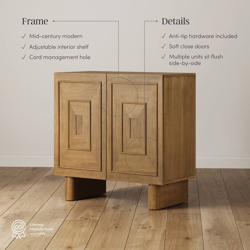 Austin Mid Century Modern Solid Wood Bar Cabinet or Dining Room Buffet with Geometric Doors