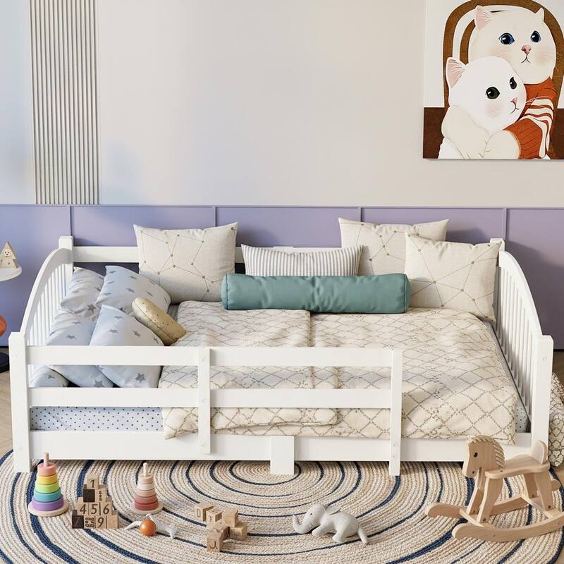Montessori Solid Pine Floor Bed with Full-Length Safety Fence & Slatted Base by Harper&Bright Designs