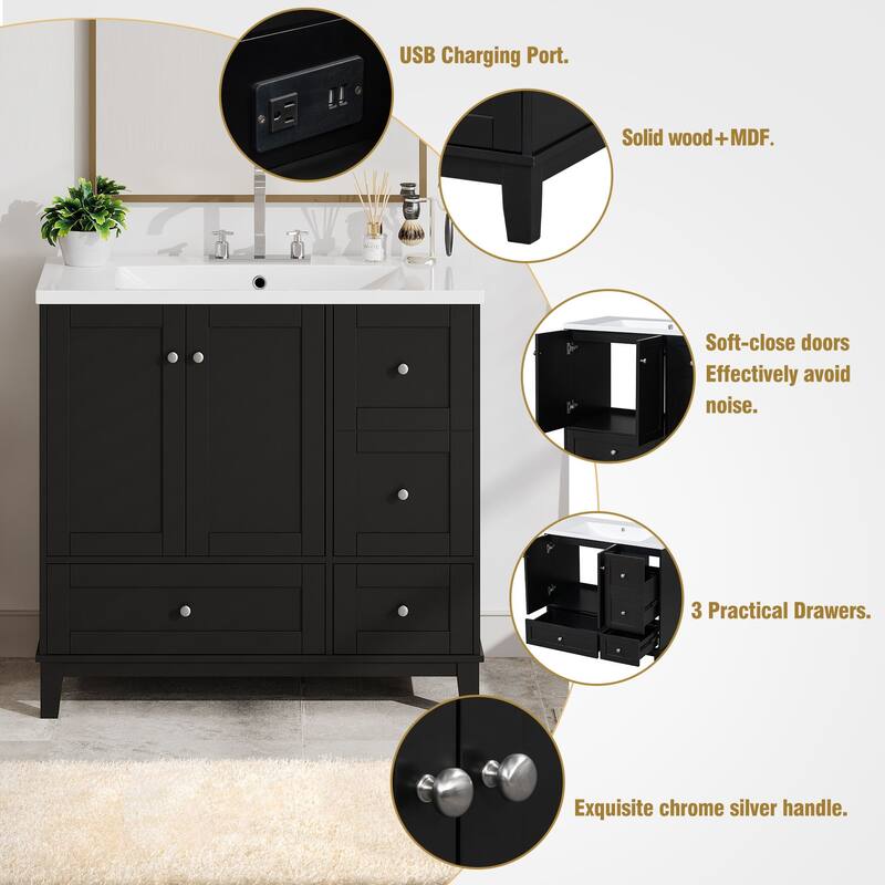 Contemporary 36-Inch Bathroom Vanity with USB Charging, Resin Sink, and Ample Storage