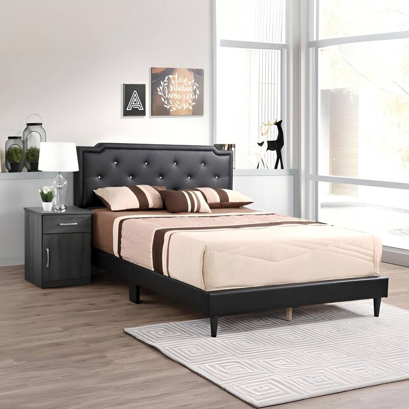 Modern Black Queen Bed with Tufted Headboard and Adjustable Height