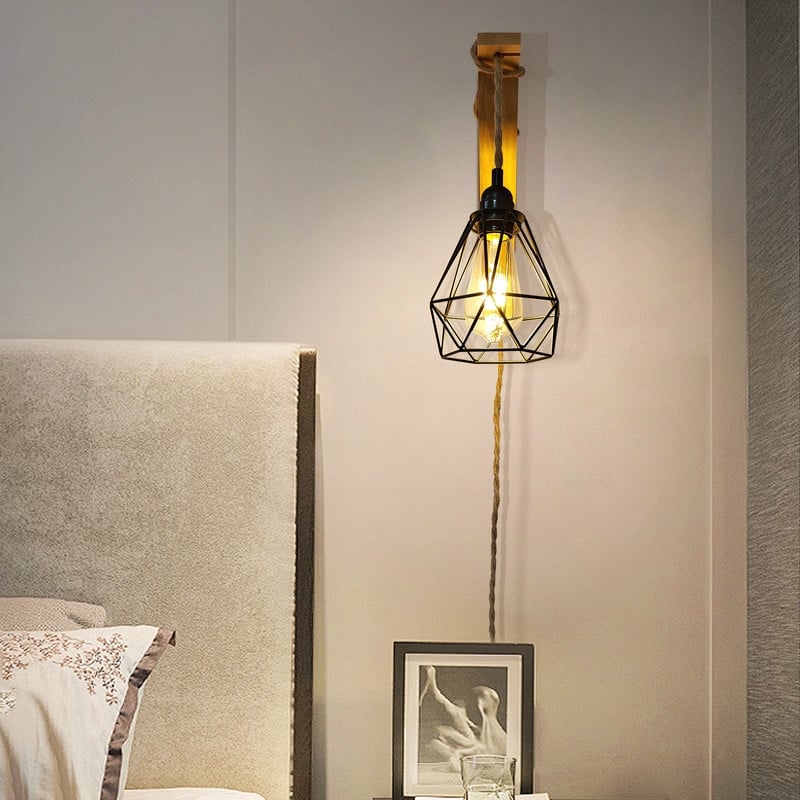 Rustic Plug-In Wall Sconce With Wood Shelf, Hanging Lamp With On/Off Switch, For Farmhouse Bedroom, Hallway, Living Room