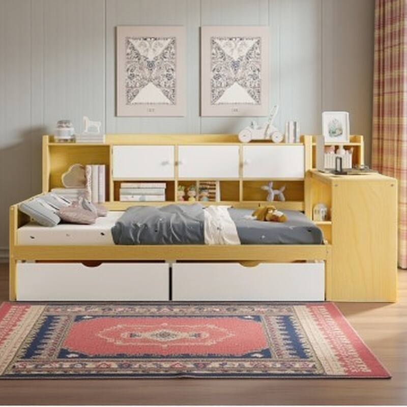 Full Size L-Shaped Daybed with Desk, Bookshelf, Cabinets & Drawers, Multi-Functional Wood Bed with Storage for Kids or Teens - Twin Natural+White - Twin