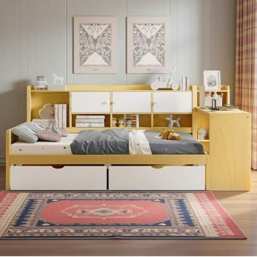 Full Size L-Shaped Daybed with Desk, Bookshelf, Cabinets & Drawers, Multi-Functional Wood Bed with Storage for Kids or Teens