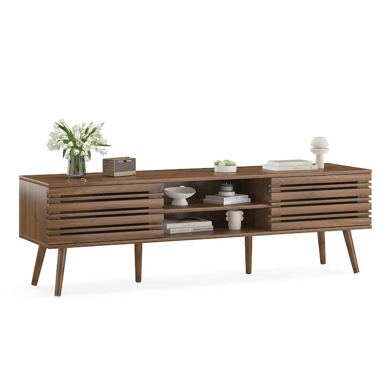 Mid Century Modern TV Stands for up to 70" TV with Storage, Fluted Wood TV Stand for Living Room, Boho Media Console