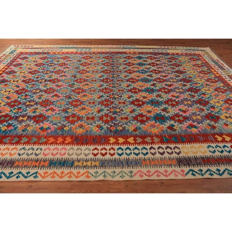 Multi-Color Kilim Oriental Area Rug Flatweave Wool Carpet - 9'9"x 12'11"