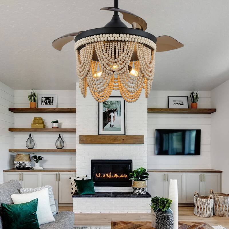 Cusp Barn 42" Retractable Ceiling Fan with Light,Farmhouse Bohemian Chic Fan Light,Wooden Bead Chandelier,Quiet DC Motor,6 Speed
