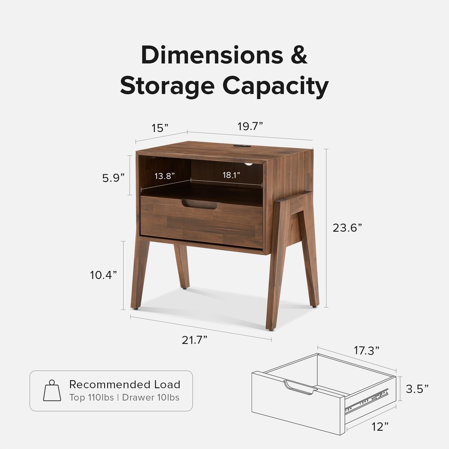 Mopio Ted Solid Wood Nightstand with Charging Station
