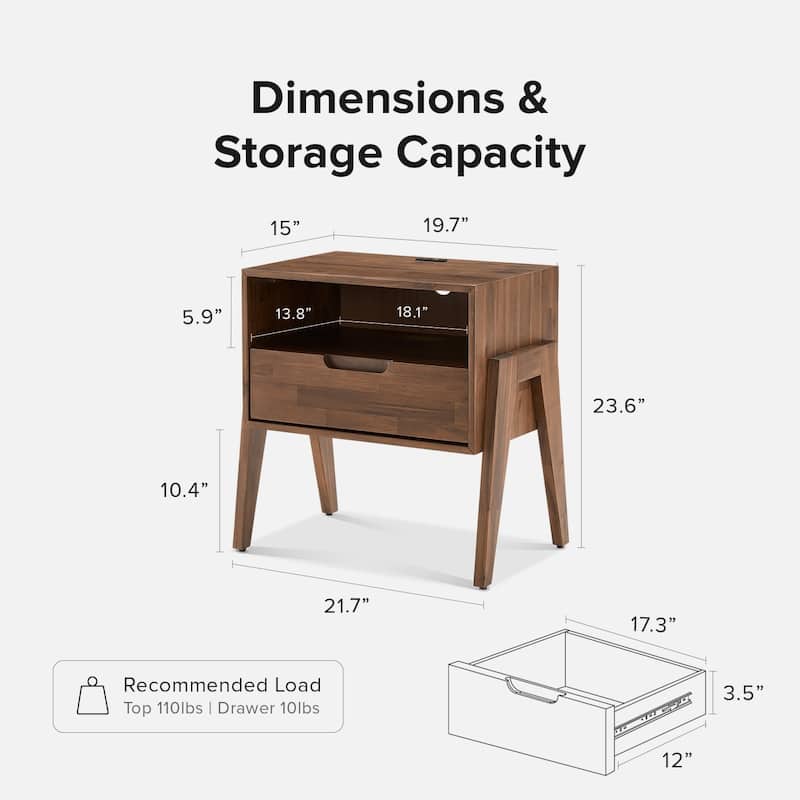Mopio Ted Solid Wood Night Stand with Charging Station, Mid Century Modern Nightstand, Small Side Table