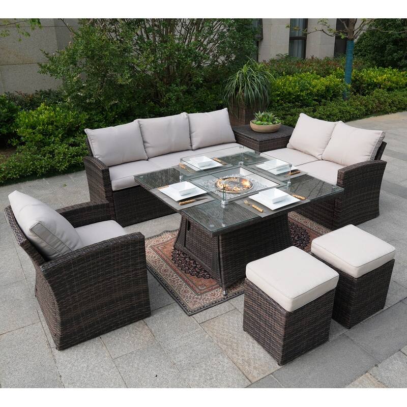 7 Pieces Patio Wicker Sofa with Square Firepit Dinging Table