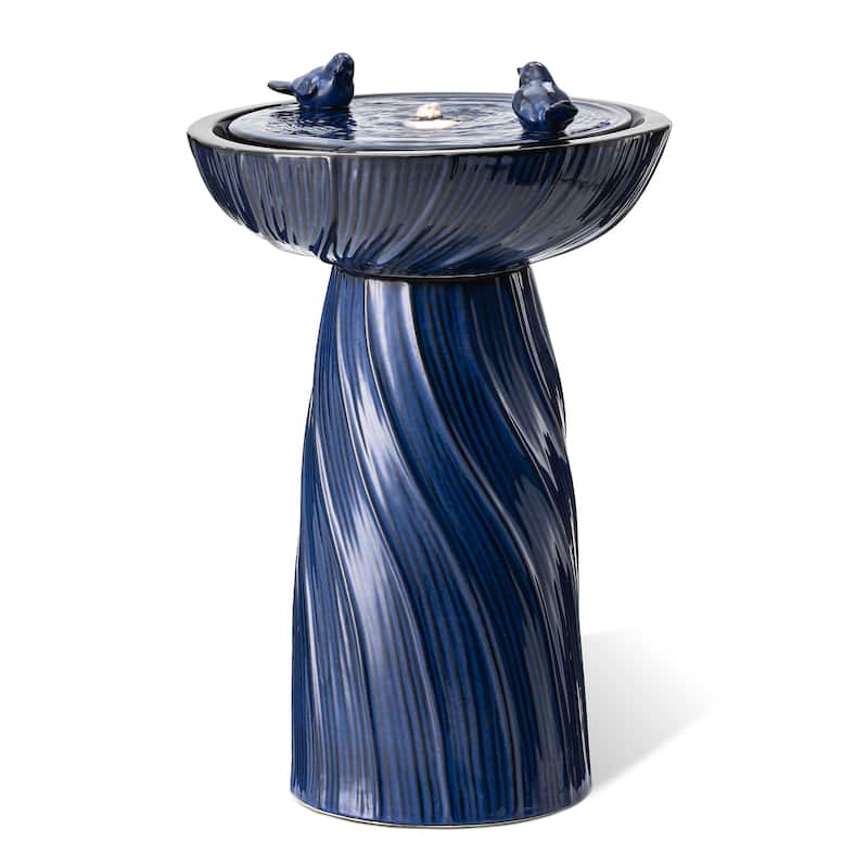 Glitzhome 27.5"H Two Birds Embossed Ceramic LED Birdbath Patio Outdoor Fountain