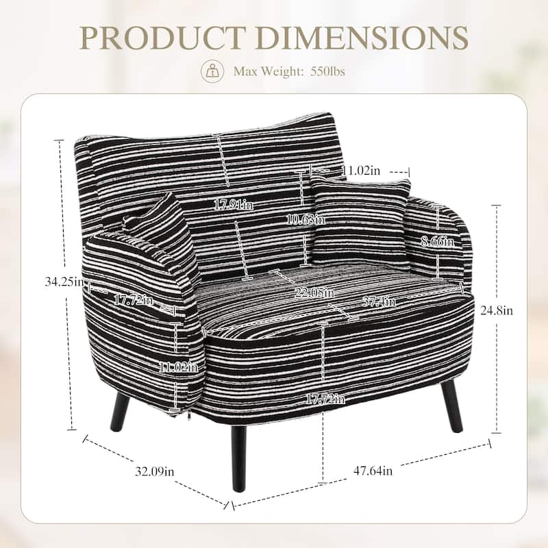 Modern 2-Seater Sofa Deep-Seated Sofa with Armrest Pillows & Side Storage Pockets, for Bedroom, Apartment, Black