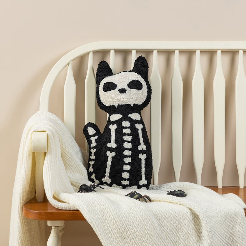 Glitzhome 18"H Halloween Hooked Ghost or Skeleton Cat Shaped Throw Pillow