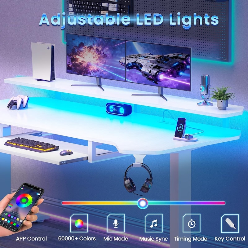 55" Standing Gaming Desk Long Computer Desk Power Strip Keyboard Tray