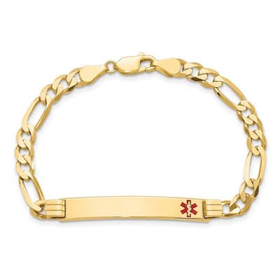 Curata 14k Yellow Gold 6.5mm Engravable Medical Red Enamel Flat Figaro ID Bracelet