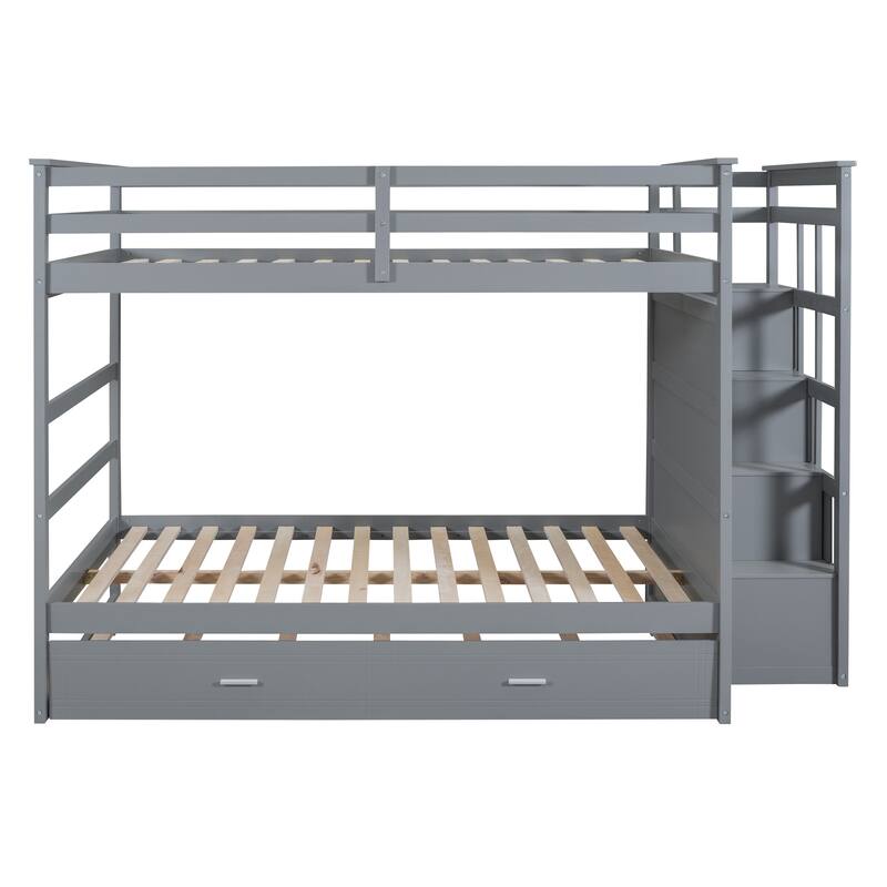 Wooden Full Over Full Bunk Bed Frame with Trundle, Side Storage Drawers, Staircase and Safety Guardrails, Space-Saving Design