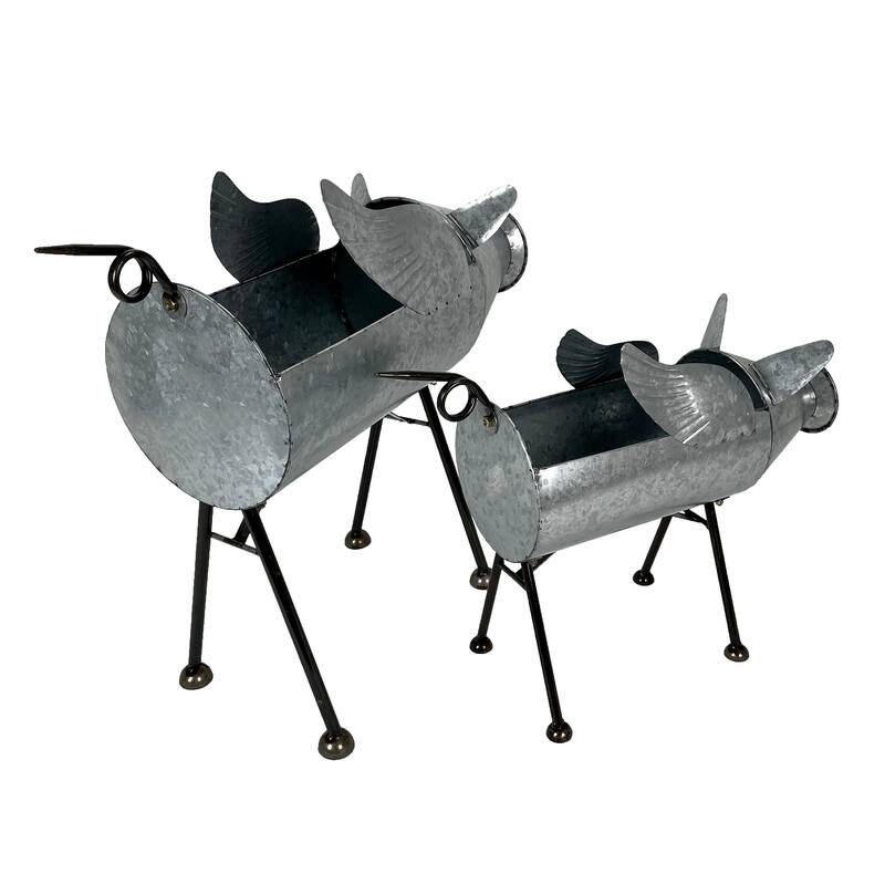 Set Of 2 Flying Pig Planters - Distressed Metal - Whimsical Farmhouse - 20 X 23.5 X 8.5 inches