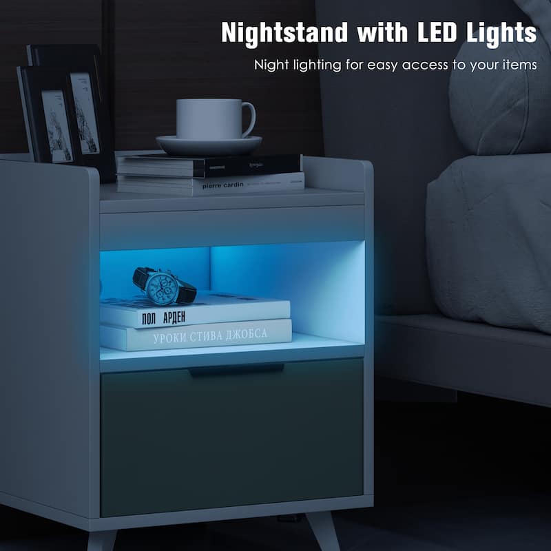 Gymax 2PCS Nightstand Modern Beside End Table w/ LED Lights Open