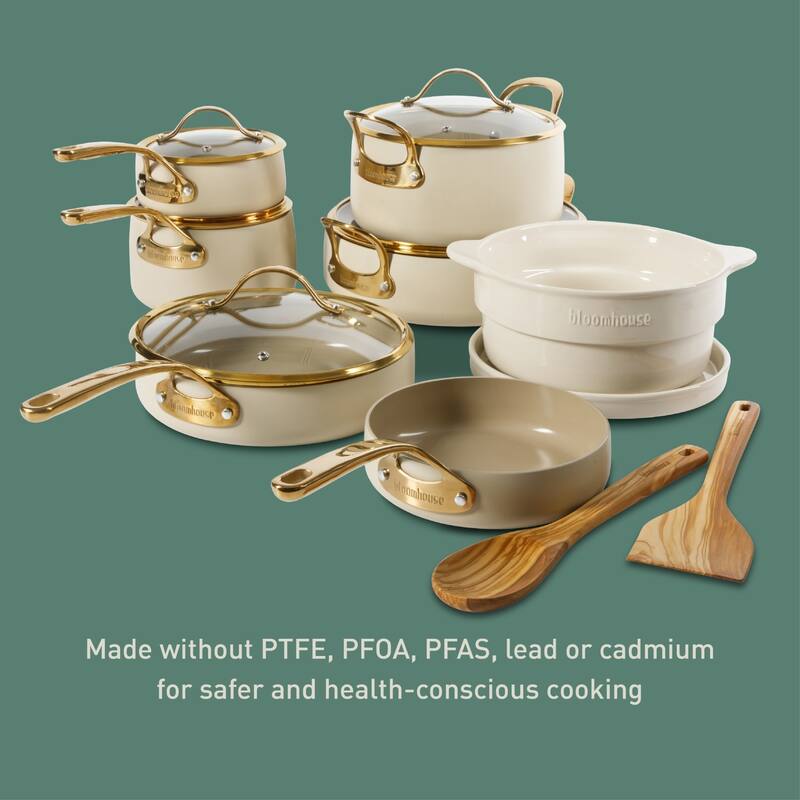 Bloomhouse 15 Piece Pots and Pans Heavy Duty Aluminum Premium PFA Free Ceramic Nonstick - Almond Cream with Gold Handle
