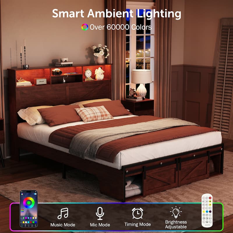 Farmhouse Storage Bed Frame with Storage Headboard, Charging Station and LED Lights, Optional Platform Bed with Drawers