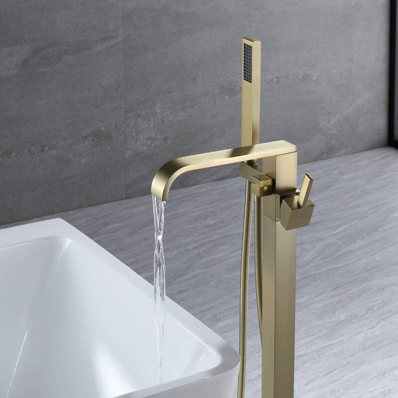 Floor Mount Waterfall Bathtub Faucet With Hand Shower, Single Handle Freestanding Bathroom Tub Filler Trim With Handheld