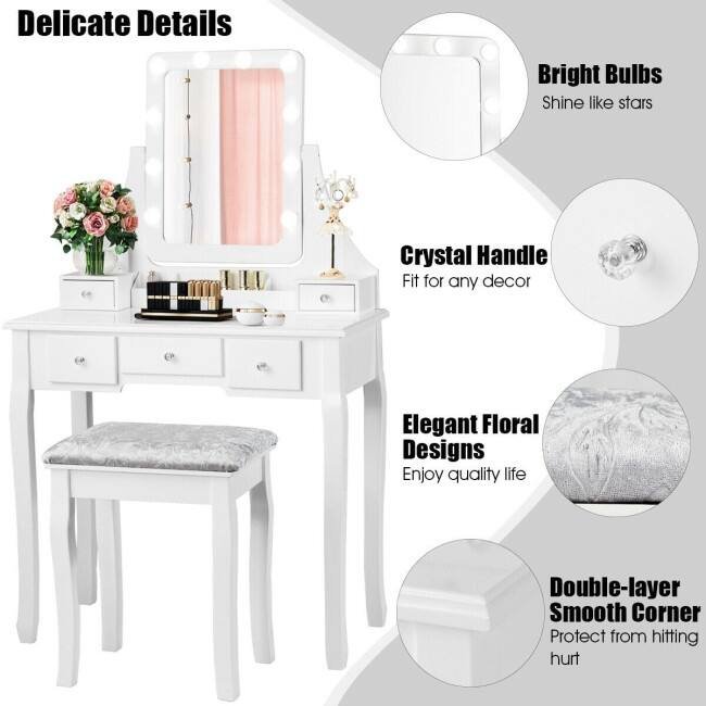 Vanity Dressing Table Set with 10 Dimmable Bulbs and Cushioned Stool - 31.5" x 16" x 53"(L x W x H)
