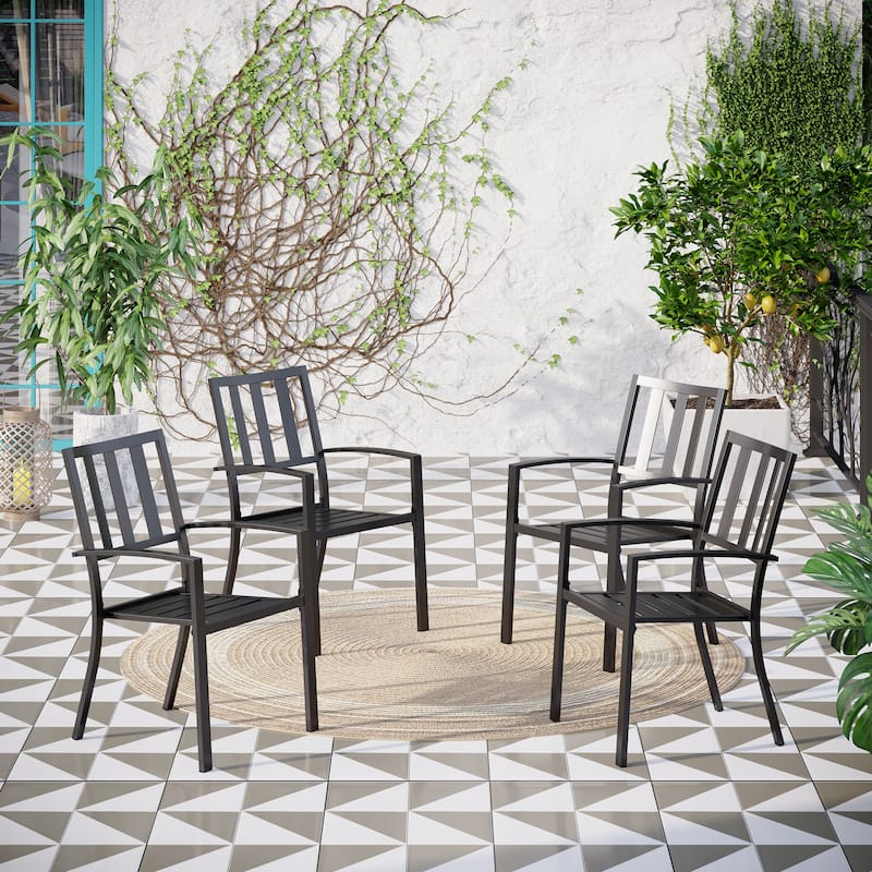MAISON ARTS Black Steel Slat Seat Outdoor Dining Armchairs (Set of 4) - Slat Back