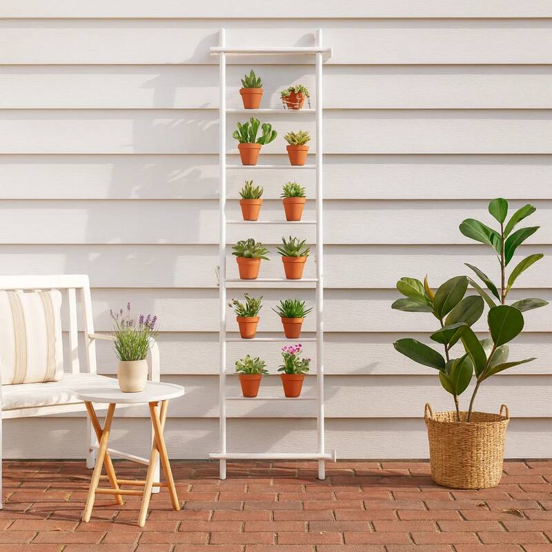 Plant Display Stand, 87 Inch 7 Tier Ladder Design, White Metal Body