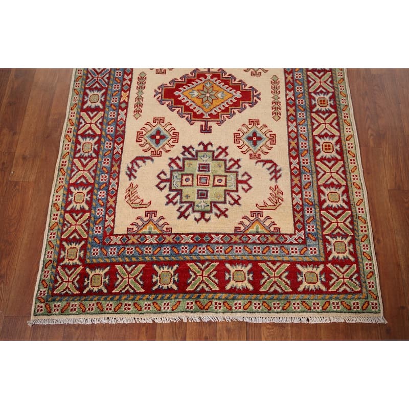Geometric Beige Kazak Accent Rug Hand-Knotted Wool Carpet - 3'3" x 5'1"