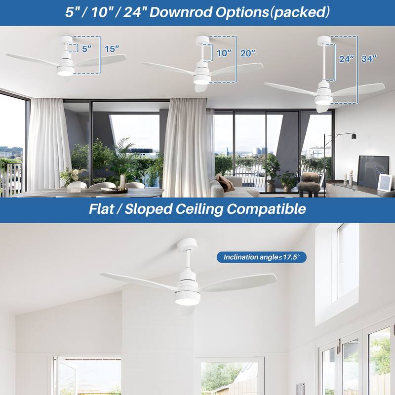52 inch Wood Ceiling Fan with Light and Remote, Dimmable LED and Reversible DC Motor