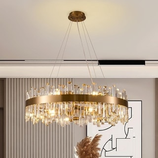 31.5 in. Gold Brass Crystal Chandelier 16-Light Round Raindrop Modern ...
