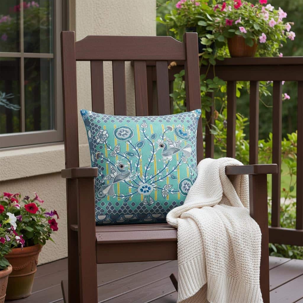 HomeRoots 16" x 16" Aqua Peacock Blown Seam Floral Indoor Outdoor Throw Pillow - 16.00' X '5.00' X '16.00